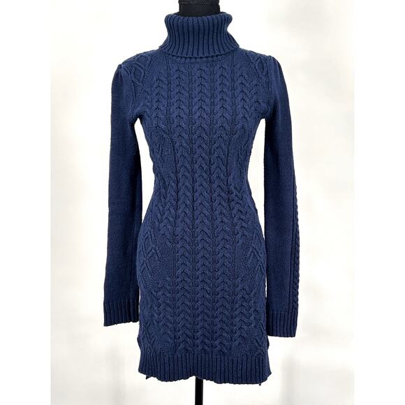 Vintage Y2K BCBG Cable Knit Sweater Dress Womens Euro Turtleneck Navy Blue Small - Picture 2 of 10